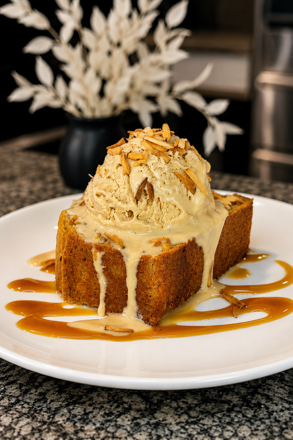 Cake with caramel ice cream