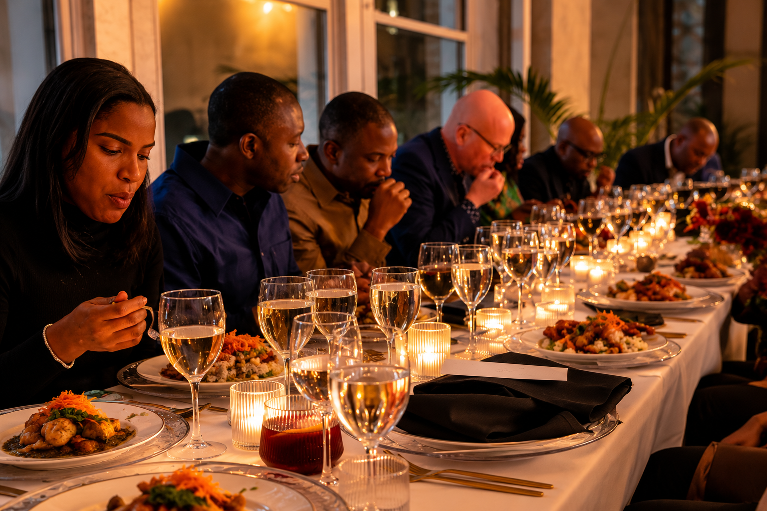 Guests dining at the candlelit table
